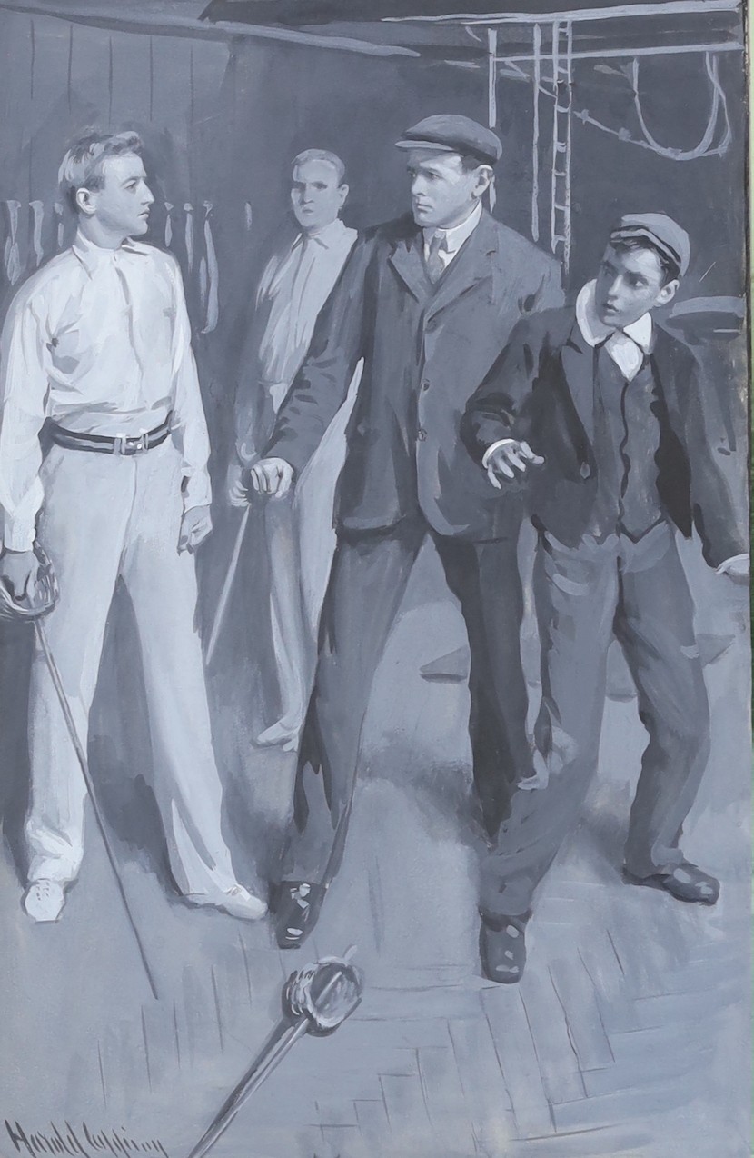 Original Artwork - Harold Copping (1863-1932) - A full set of six en grisaille illustrations for Bravo Bob, by Andrew Hone, signed, 30 x 19cms., framed, together with a copy the book, 1909